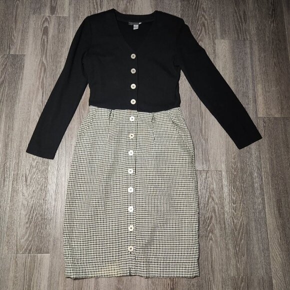 Vintage 90s officecore elegant black & grey houndstooth teacher secretary dress - Picture 6 of 14